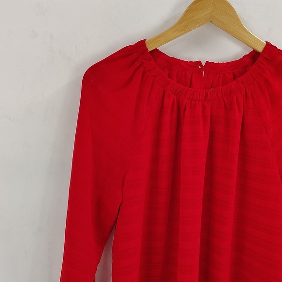 LOFT Smocked Cuff Blouse Red Size Small Lined Stretch Collar Peasant Top - Picture 4 of 9